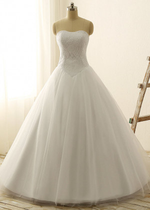 Ivory Lace Tulle Strapless Corset Back Long Wedding Dress 